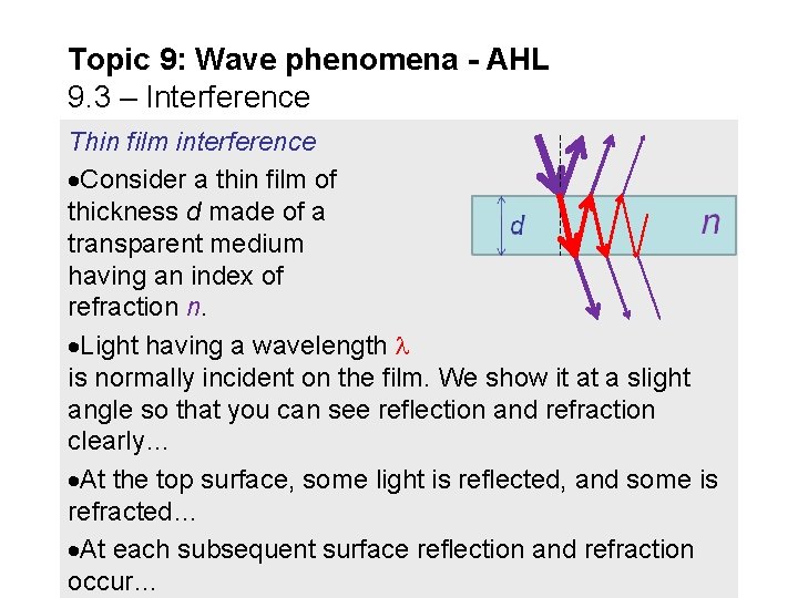 Topic 9: Wave phenomena - AHL 9. 3 – Interference Thin film interference Consider