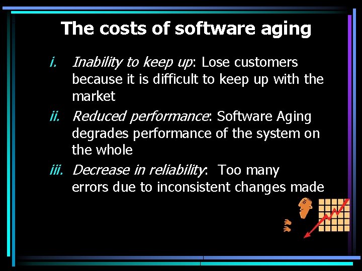 The costs of software aging i. Inability to keep up: Lose customers because it