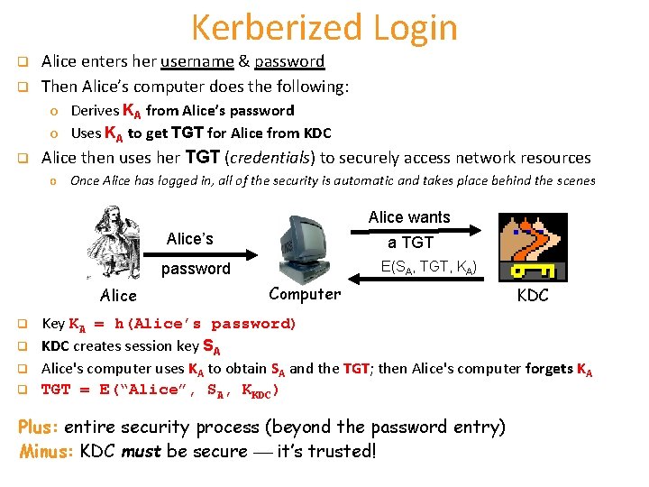 Kerberized Login q q Alice enters her username & password Then Alice’s computer does