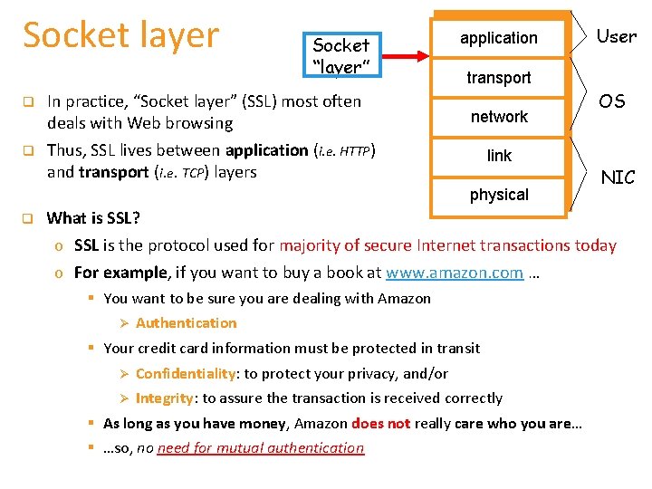 Socket layer q q Socket “layer” In practice, “Socket layer” (SSL) most often deals