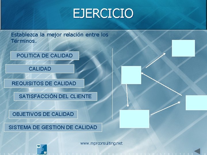 EJERCICIO Establezca la mejor relación entre los Términos. POLITICA DE CALIDAD REQUISITOS DE CALIDAD