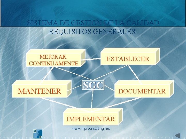 SISTEMA DE GESTION DE LA CALIDAD REQUISITOS GENERALES MEJORAR CONTINUAMENTE MANTENER ESTABLECER SGC IMPLEMENTAR