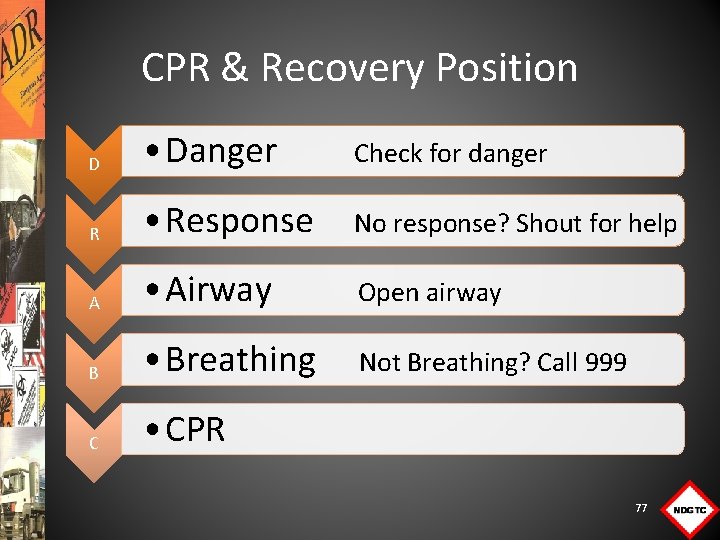 CPR & Recovery Position D • Danger Check for danger R • Response No