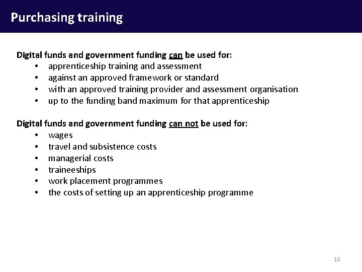 Purchasing training Digital funds and government funding can be used for: • apprenticeship training