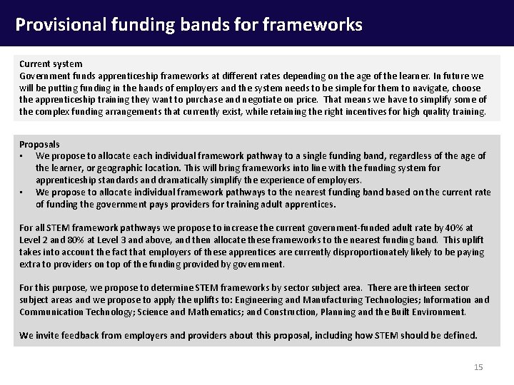 Provisional funding bands for frameworks Current system Government funds apprenticeship frameworks at different rates