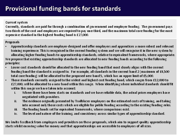 Provisional funding bands for standards Current system Currently, standards are paid for through a