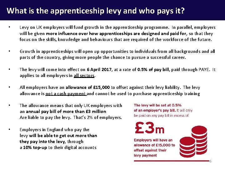 What is the apprenticeship levy and who pays it? • Levy on UK employers