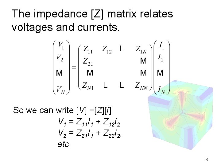 The impedance [Z] matrix relates voltages and currents. So we can write [V] =[Z][I]