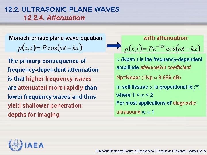 12. 2. ULTRASONIC PLANE WAVES 12. 2. 4. Attenuation Monochromatic plane wave equation with