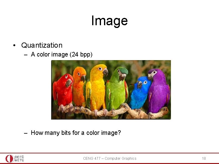 Image • Quantization – A color image (24 bpp) – How many bits for