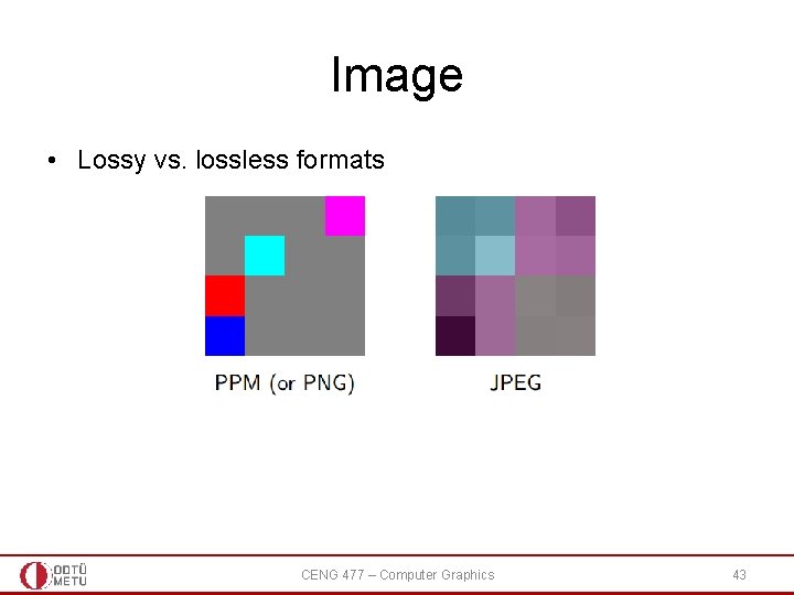 Image • Lossy vs. lossless formats CENG 477 – Computer Graphics 43 