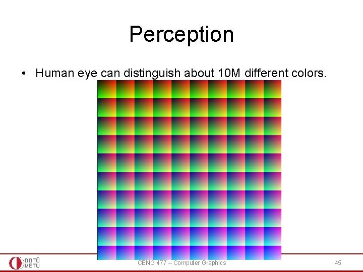 Perception • Human eye can distinguish about 10 M different colors. CENG 477 –