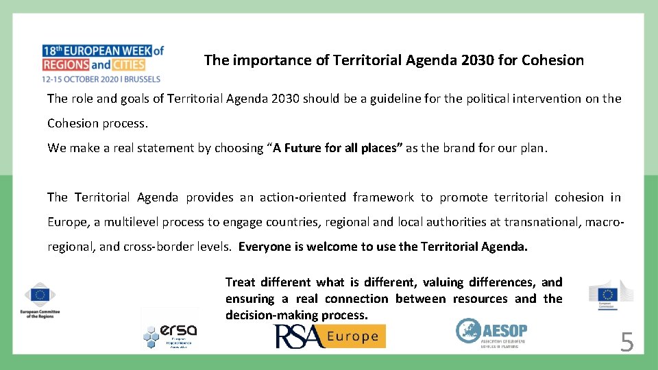 The importance of Territorial Agenda 2030 for Cohesion The role and goals of Territorial