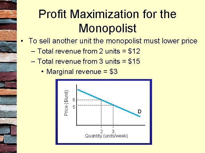 Profit Maximization for the Monopolist Price ($/unit) • To sell another unit the monopolist