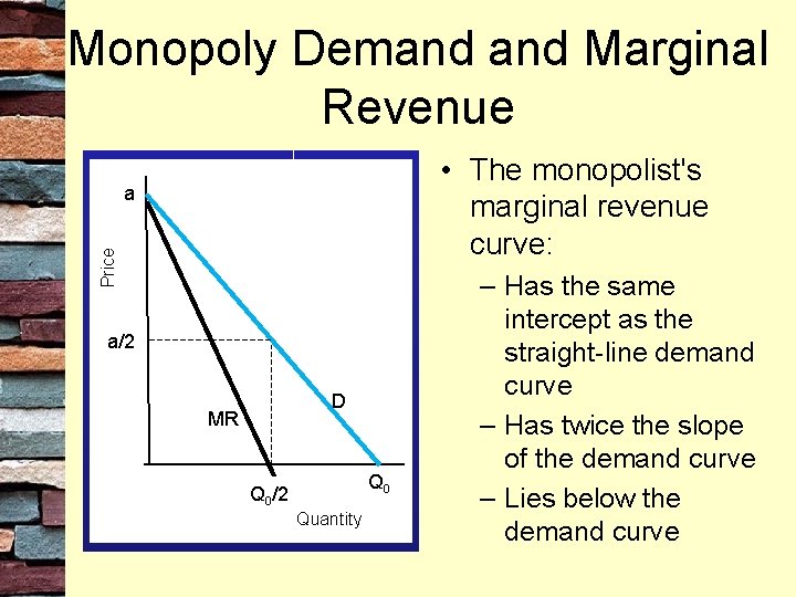 Monopoly Demand Marginal Revenue • The monopolist's marginal revenue curve: Price a a/2 D