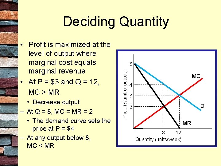 Deciding Quantity • Decrease output – At Q = 8, MC = MR =