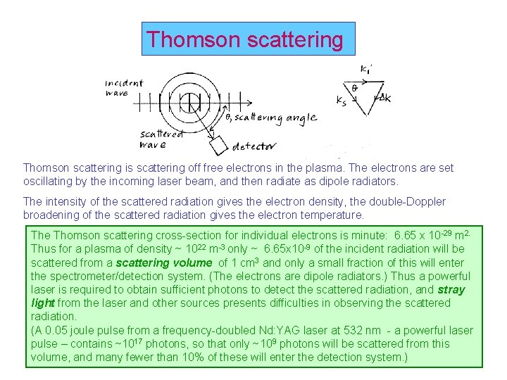 Thomson scattering is scattering off free electrons in the plasma. The electrons are set Thomson scattering is scattering off free electrons in the plasma. The electrons are set
