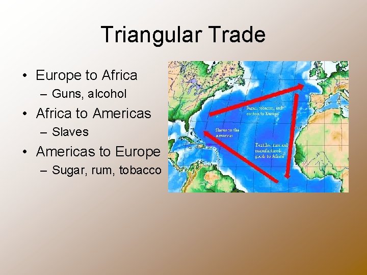 Triangular Trade • Europe to Africa – Guns, alcohol • Africa to Americas –