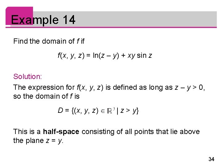 Example 14 Find the domain of f if f (x, y, z) = ln(z