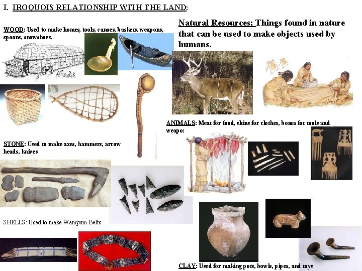 I. IROQUOIS RELATIONSHIP WITH THE LAND: WOOD: Used to make homes, tools, canoes, baskets,