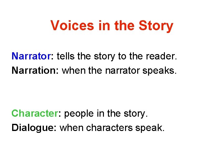 Voices in the Story Narrator: tells the story to the reader. Narration: when the