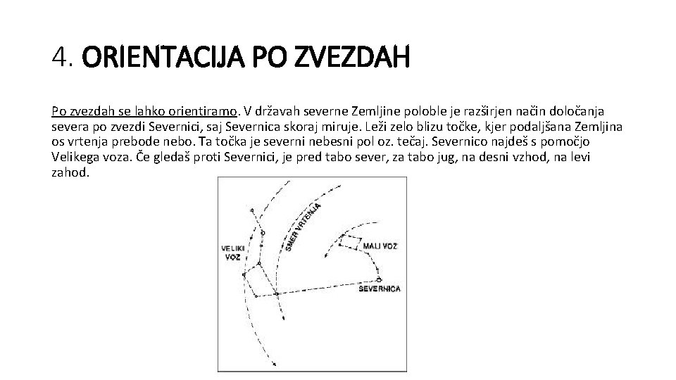 4. ORIENTACIJA PO ZVEZDAH Po zvezdah se lahko orientiramo. V državah severne Zemljine poloble