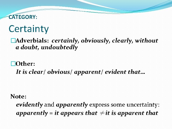 CATEGORY: Certainty �Adverbials: certainly, obviously, clearly, without a doubt, undoubtedly �Other: It is clear/