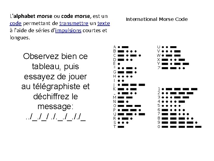 L'alphabet morse ou code morse, est un code permettant de transmettre un texte à