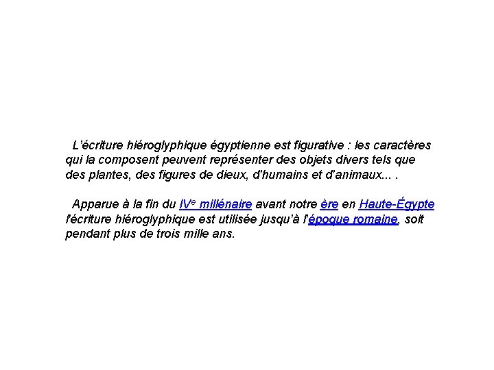 L’écriture hiéroglyphique égyptienne est figurative : les caractères qui la composent peuvent représenter des