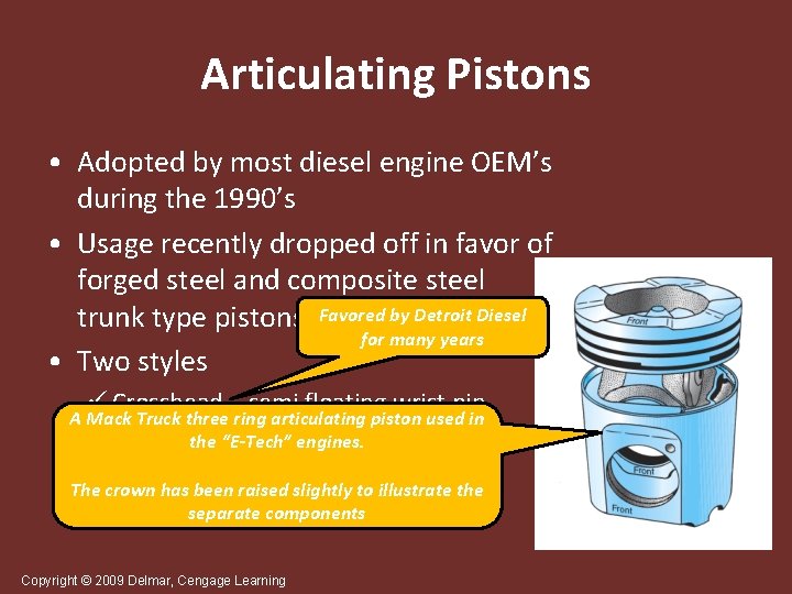 Articulating Pistons • Adopted by most diesel engine OEM’s during the 1990’s • Usage