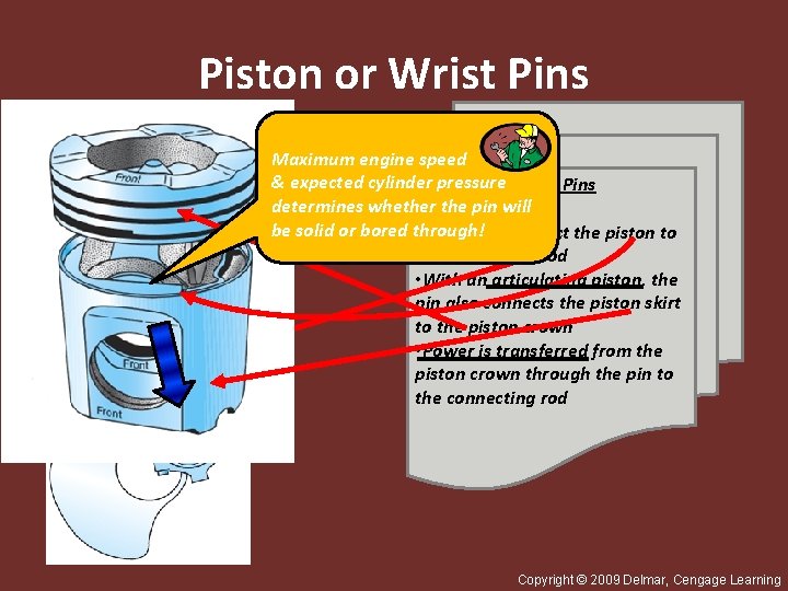 Piston or Wrist Pins Maximum engine speed & expected cylinder pressure Piston Pins determines