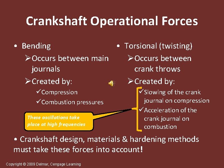Crankshaft Operational Forces • Bending • Torsional (twisting) ØOccurs between main ØOccurs between journals