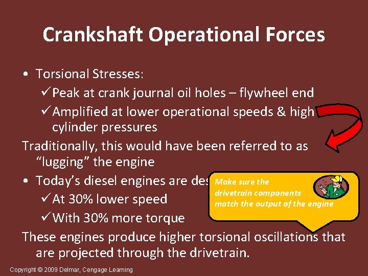 Crankshaft Operational Forces • Torsional Stresses: üPeak at crank journal oil holes – flywheel