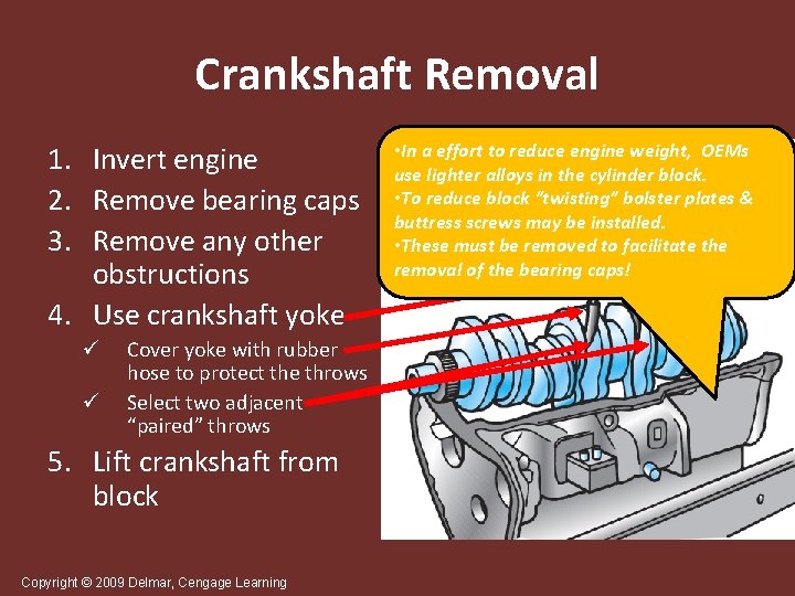 Crankshaft Removal 1. Invert engine 2. Remove bearing caps 3. Remove any other obstructions