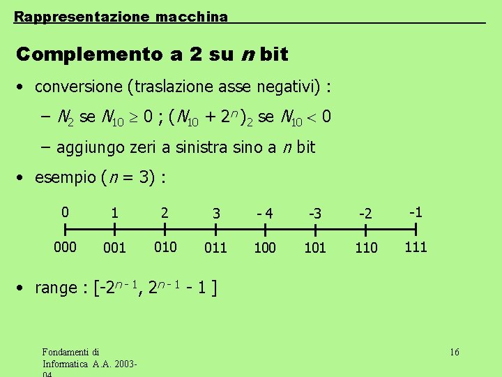 Rappresentazione macchina Complemento a 2 su n bit • conversione (traslazione asse negativi) :