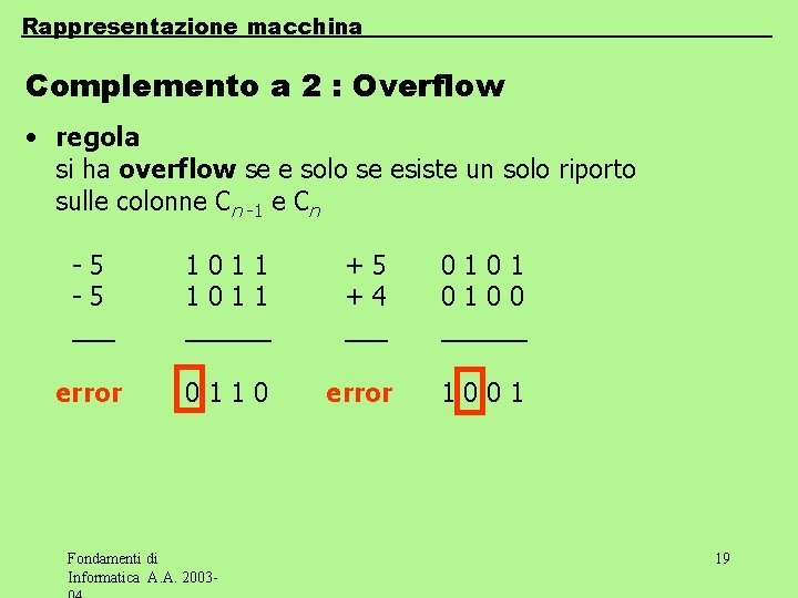Rappresentazione macchina Complemento a 2 : Overflow • regola si ha overflow se e