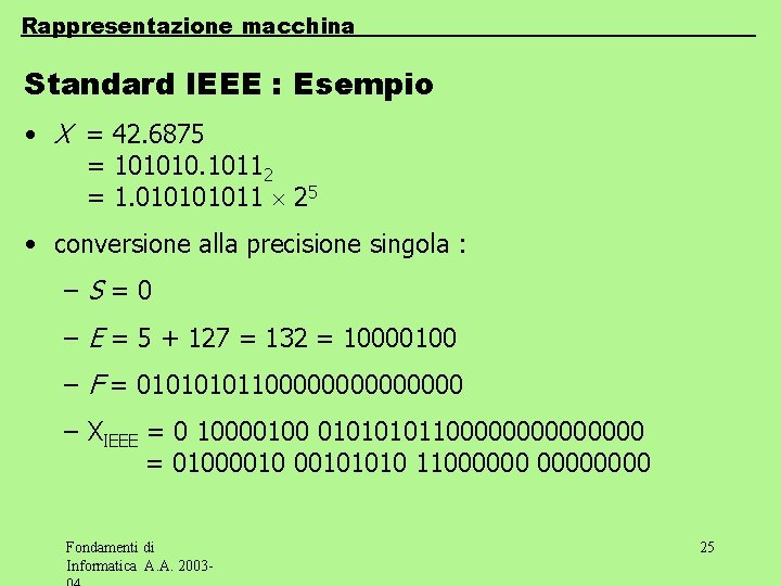 Rappresentazione macchina Standard IEEE : Esempio • X = 42. 6875 = 101010. 10112