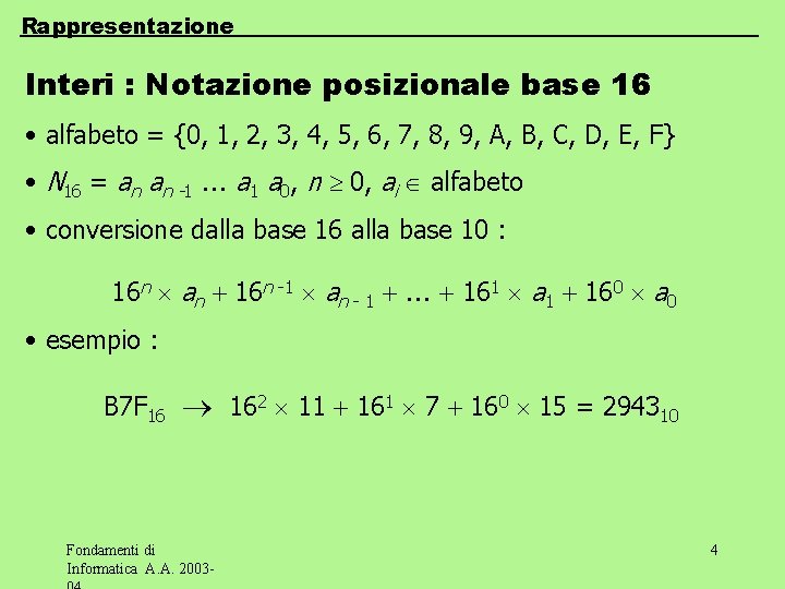 Rappresentazione Interi : Notazione posizionale base 16 • alfabeto = {0, 1, 2, 3,
