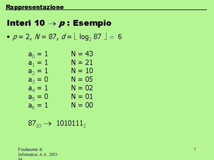 Rappresentazione Interi 10 p : Esempio • p = 2, N = 87, d