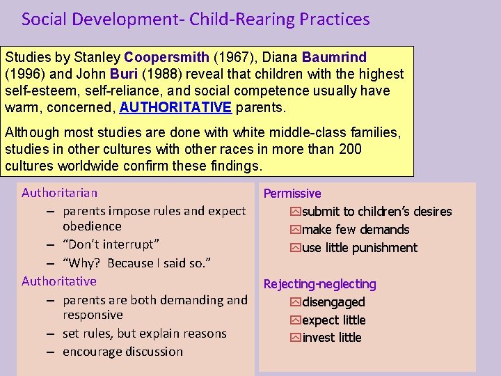 Social Development- Child-Rearing Practices Studies by Stanley Coopersmith (1967), Diana Baumrind (1996) and John