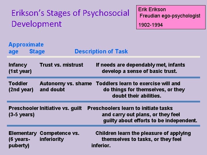 Erikson’s Stages of Psychosocial Development Approximate age Stage Erikson Freudian ego-psychologist 1902 -1994 Description