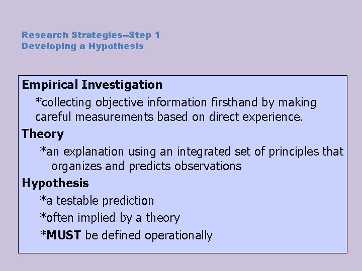Research Strategies--Step 1 Developing a Hypothesis Empirical Investigation *collecting objective information firsthand by making