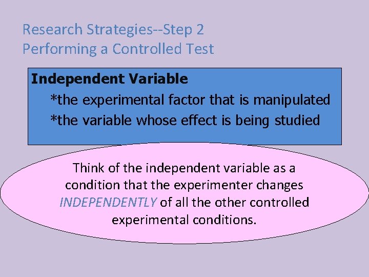 Research Strategies--Step 2 Performing a Controlled Test Independent Variable *the experimental factor that is
