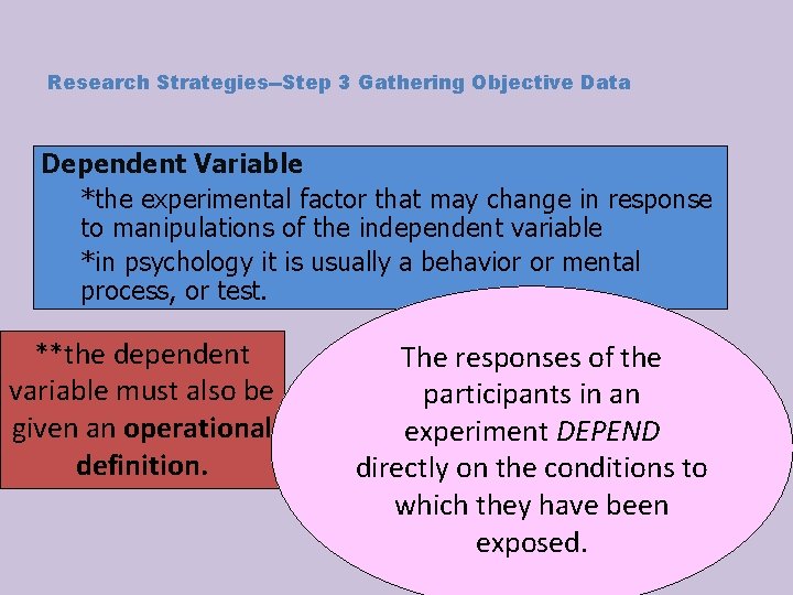 Research Strategies--Step 3 Gathering Objective Data Dependent Variable *the experimental factor that may change