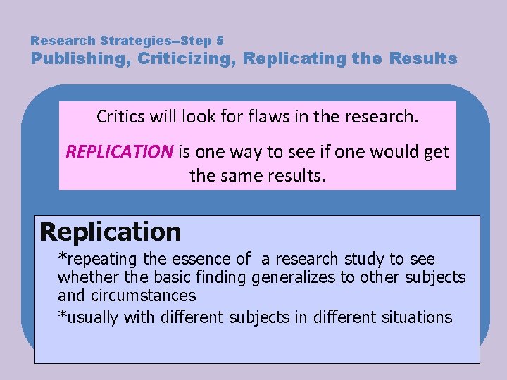 Research Strategies--Step 5 Publishing, Criticizing, Replicating the Results Critics will look for flaws in