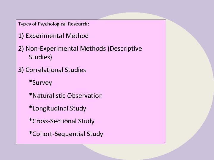 Types of Psychological Research: 1) Experimental Method 2) Non-Experimental Methods (Descriptive Studies) 3) Correlational