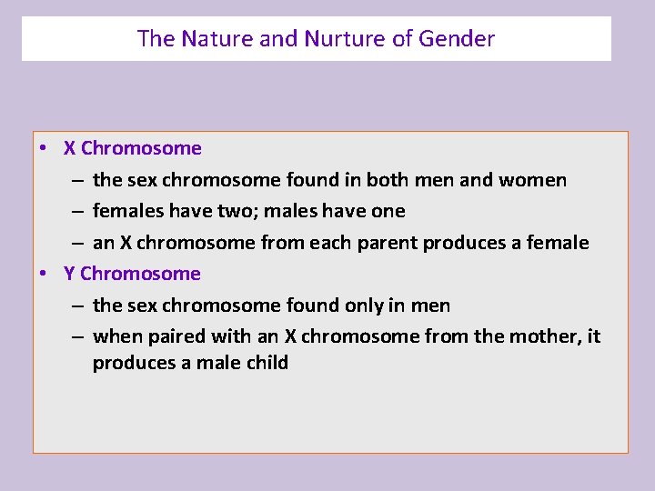 The Nature and Nurture of Gender • X Chromosome – the sex chromosome found