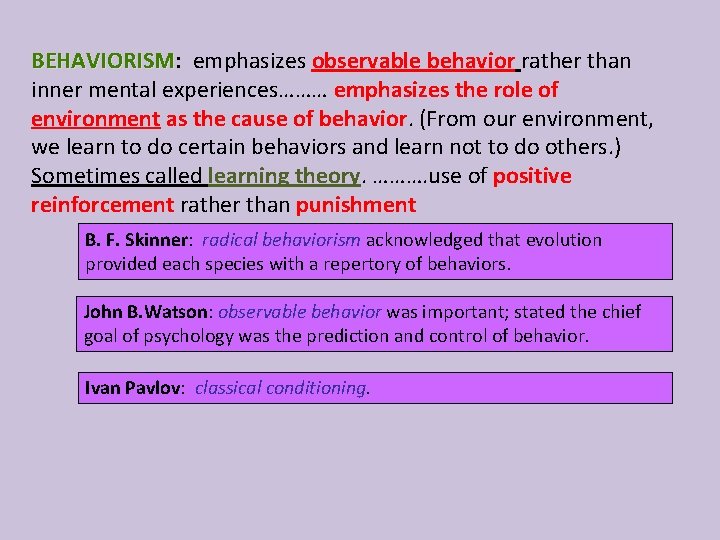 BEHAVIORISM: BEHAVIORISM emphasizes observable behavior rather than inner mental experiences……… emphasizes the role of