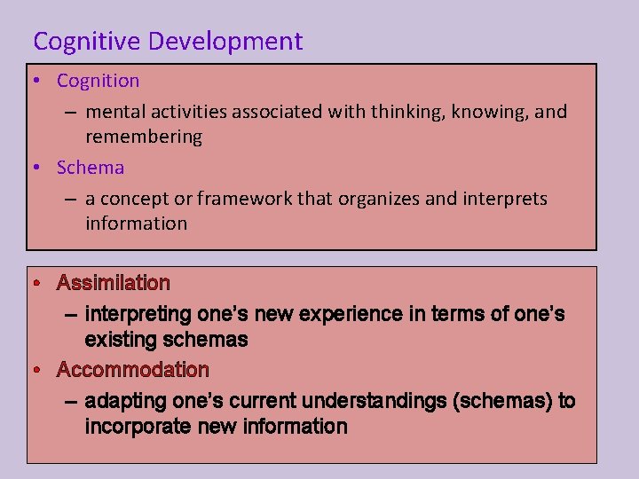 Cognitive Development • Cognition – mental activities associated with thinking, knowing, and remembering •