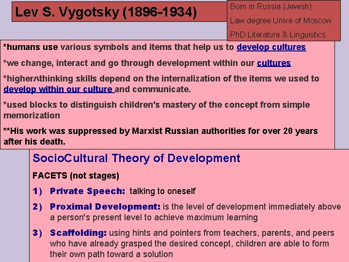 Lev S. Vygotsky (1896 -1934) Born in Russia (Jewish) Law degree Unive of Moscow